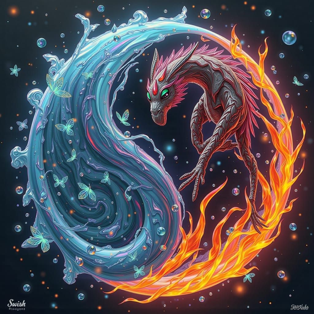 Yin Yang Water & Lava Creatures in Fiery Landscape