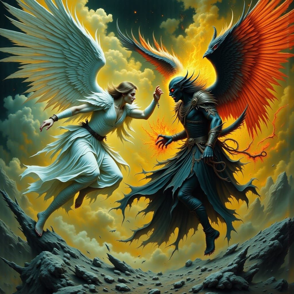 Angel Battles Demon in Mystical Realm