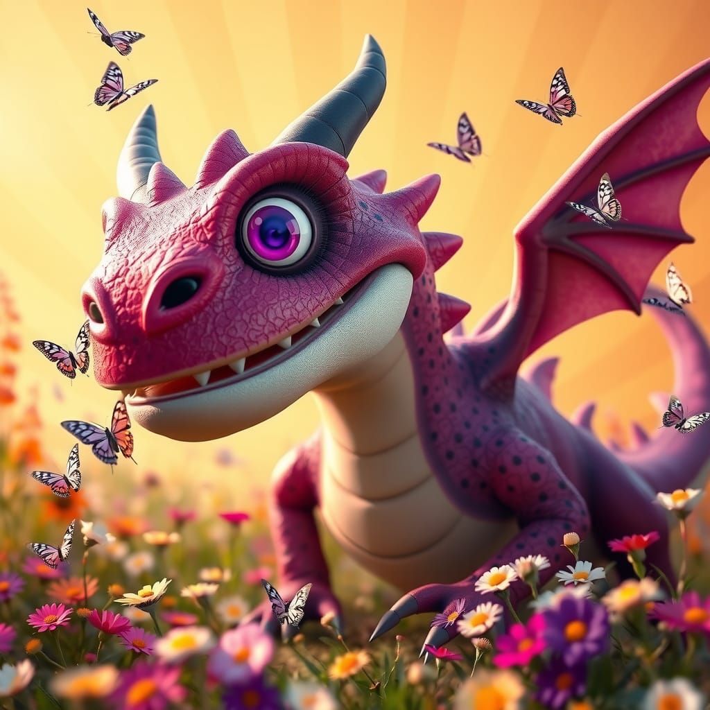 Cartoon Dragon Pursues Butterflies as 3D Digital Art
