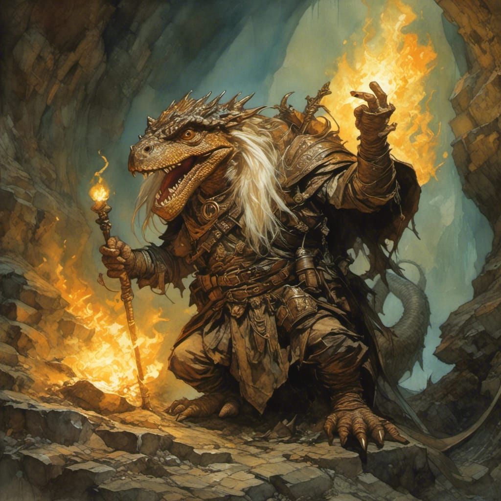 Dwarf Priest Rides Lizard in Dark Cavern