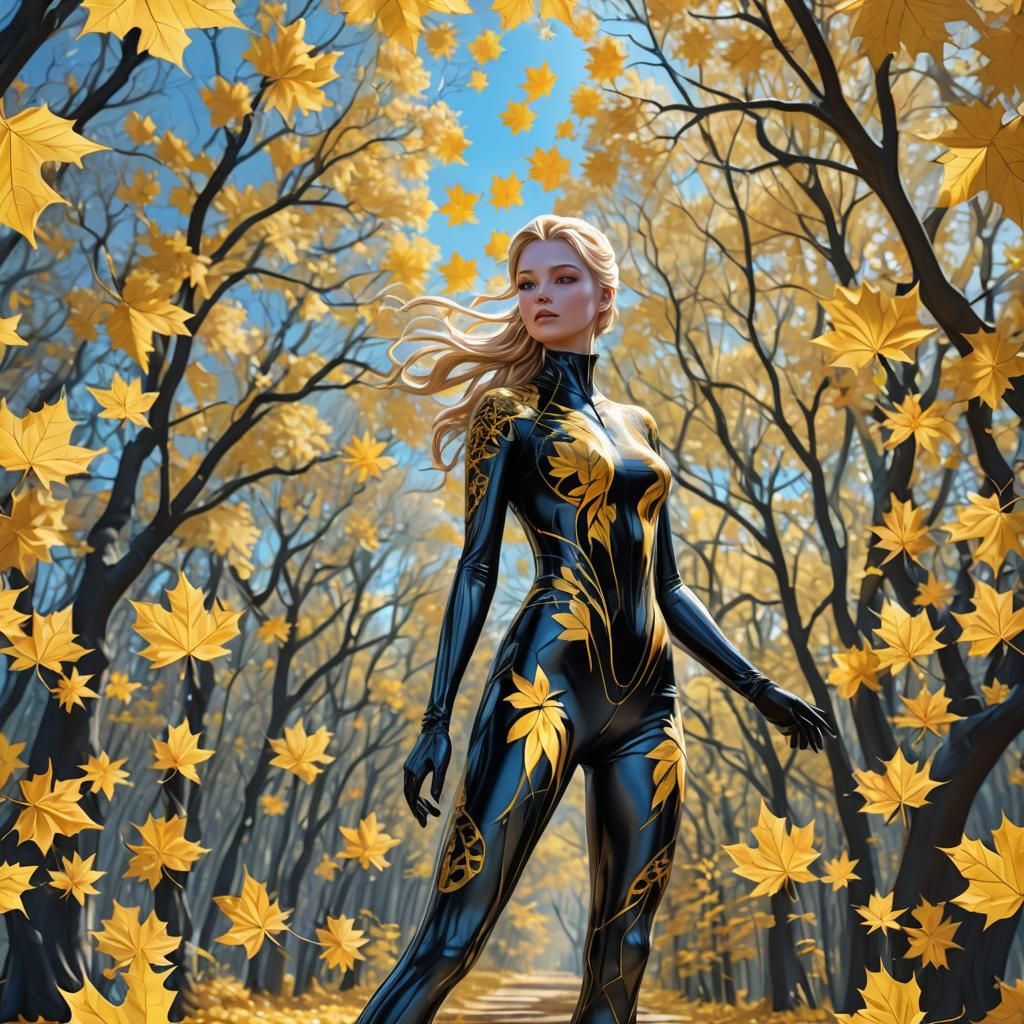 Girl in Spandex Catsuit Among Autumn Leaves