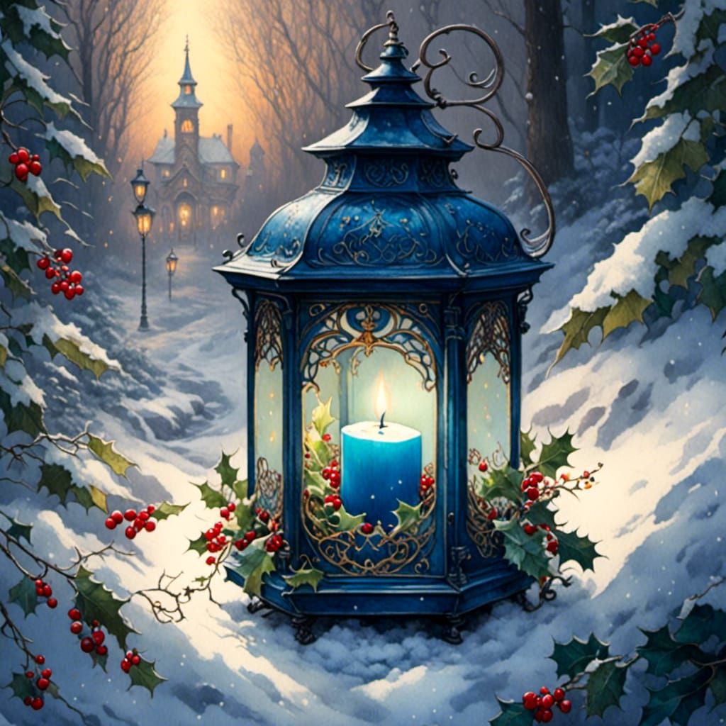 Blue Lantern with Berries in Snowy Watercolor