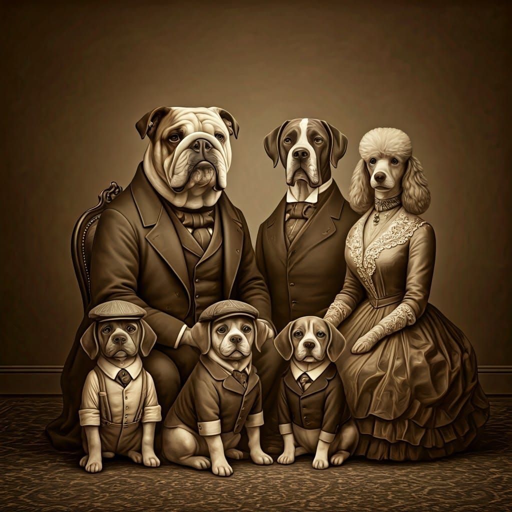 Victorian Canine Family Portrait in Sepia Tones