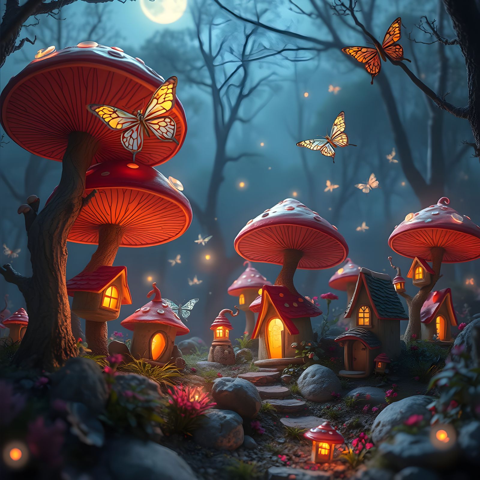 Mystical Forest Whimsy Under Starry Night Sky