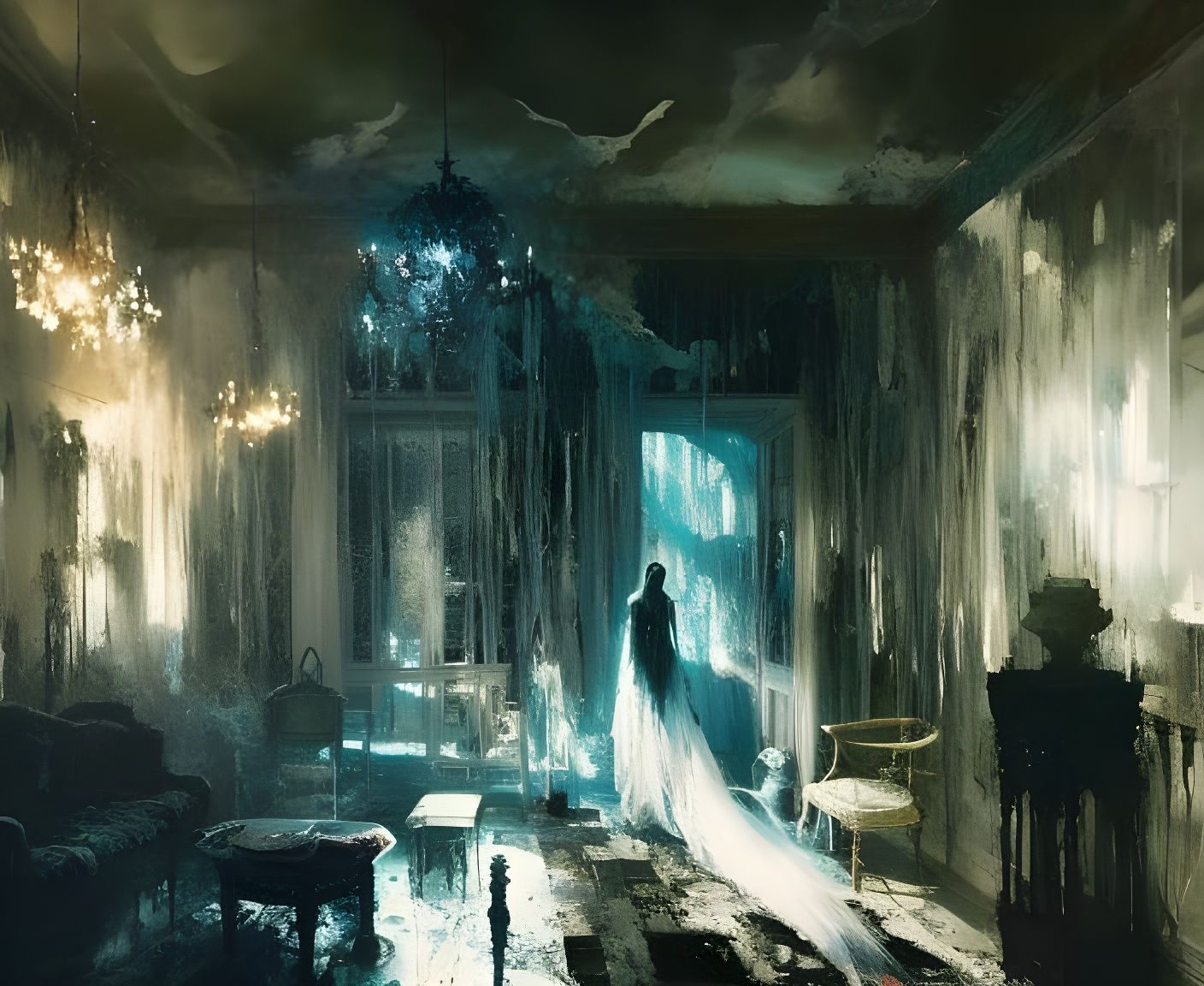 Haunted Hotel Interior with Ghostly Apparitions