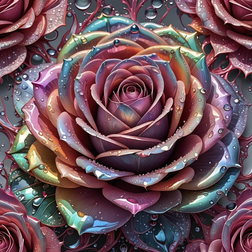 Iridescent Water Droplet Rose: 3D Abstract Art
