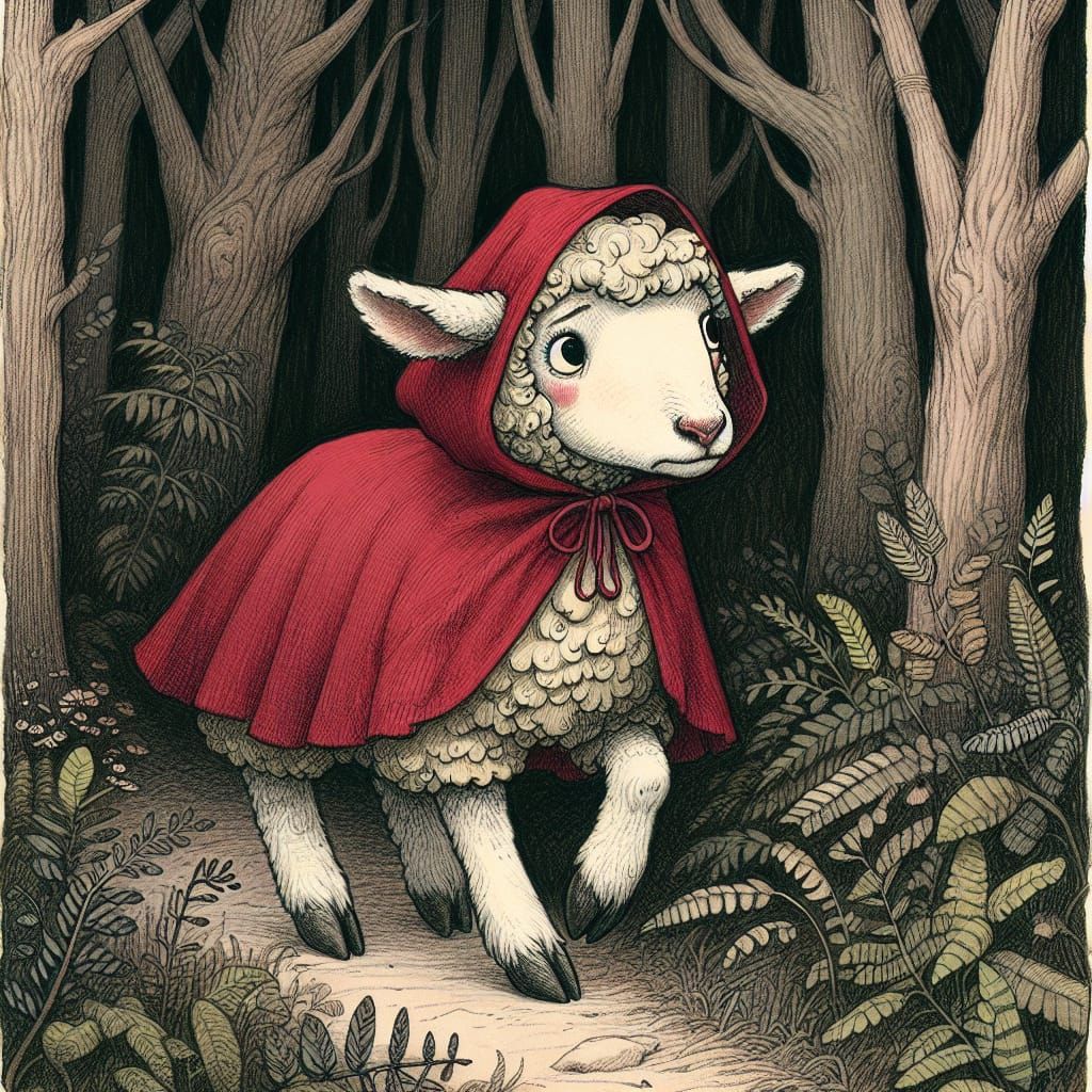 Nervous Lamb as Red Riding Hood in Forest