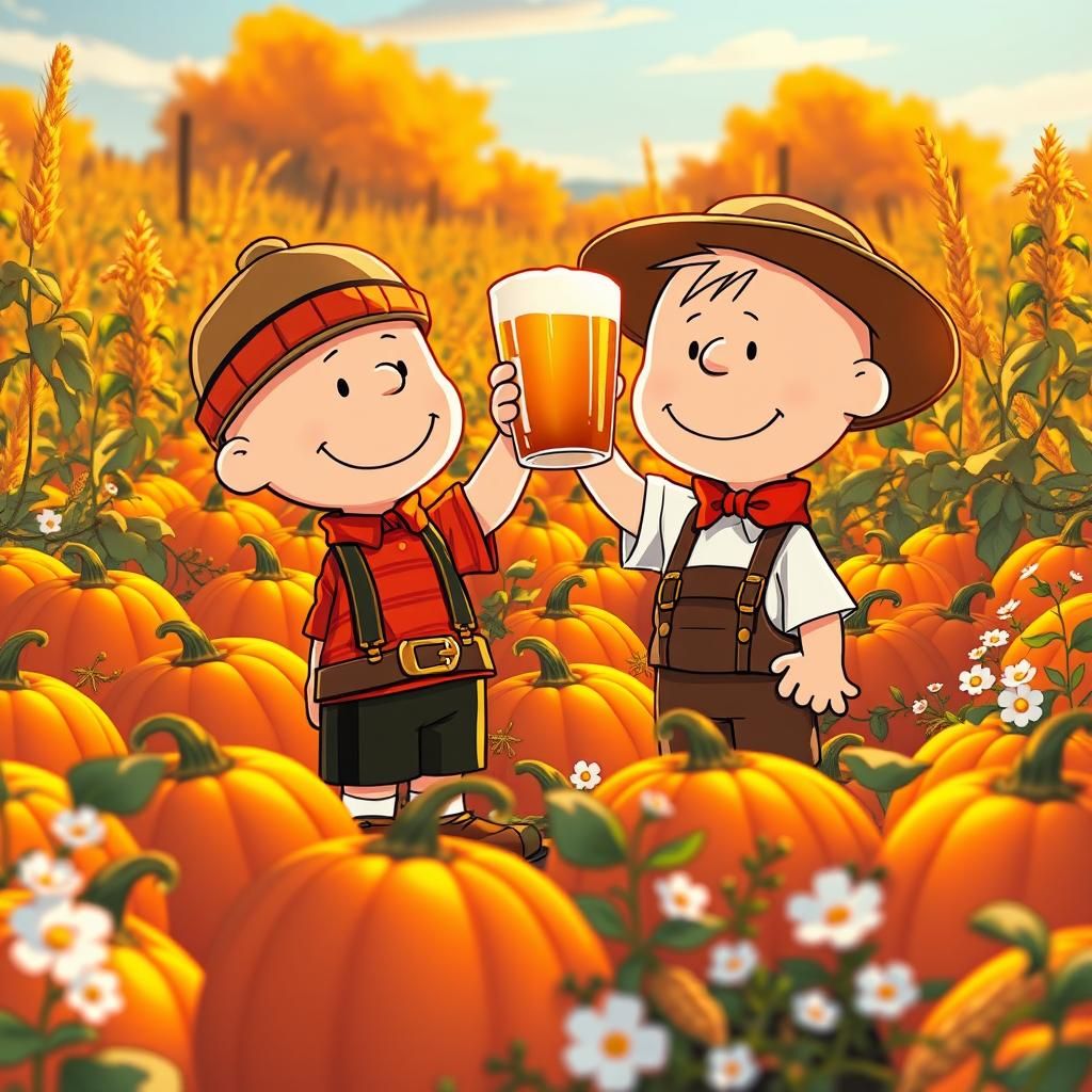 Charlie Brown and Linus celebrating Octoberfest in the pumpk...