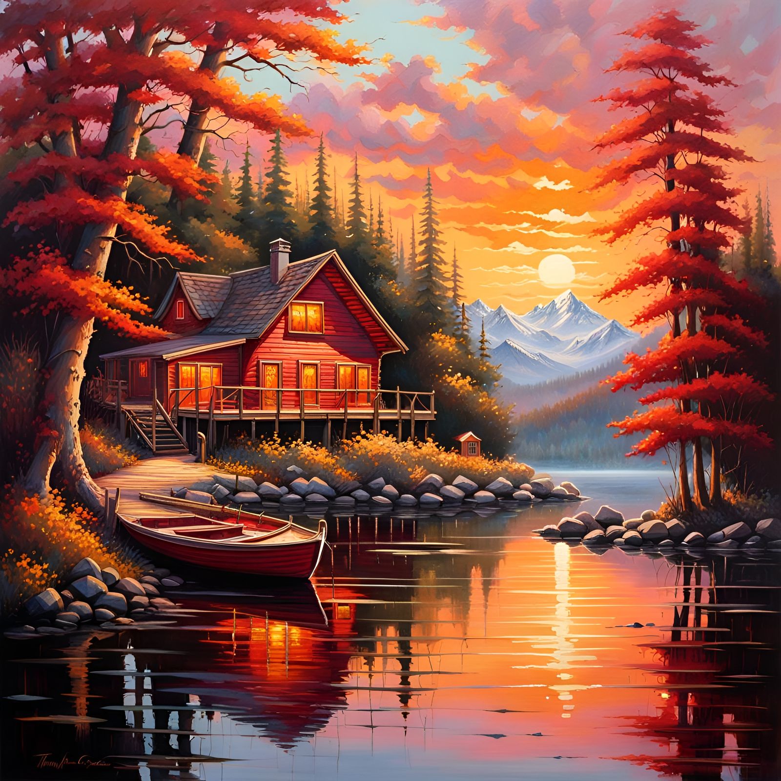 Polychromatic Lake House at Sunrise: Oil on Canvas