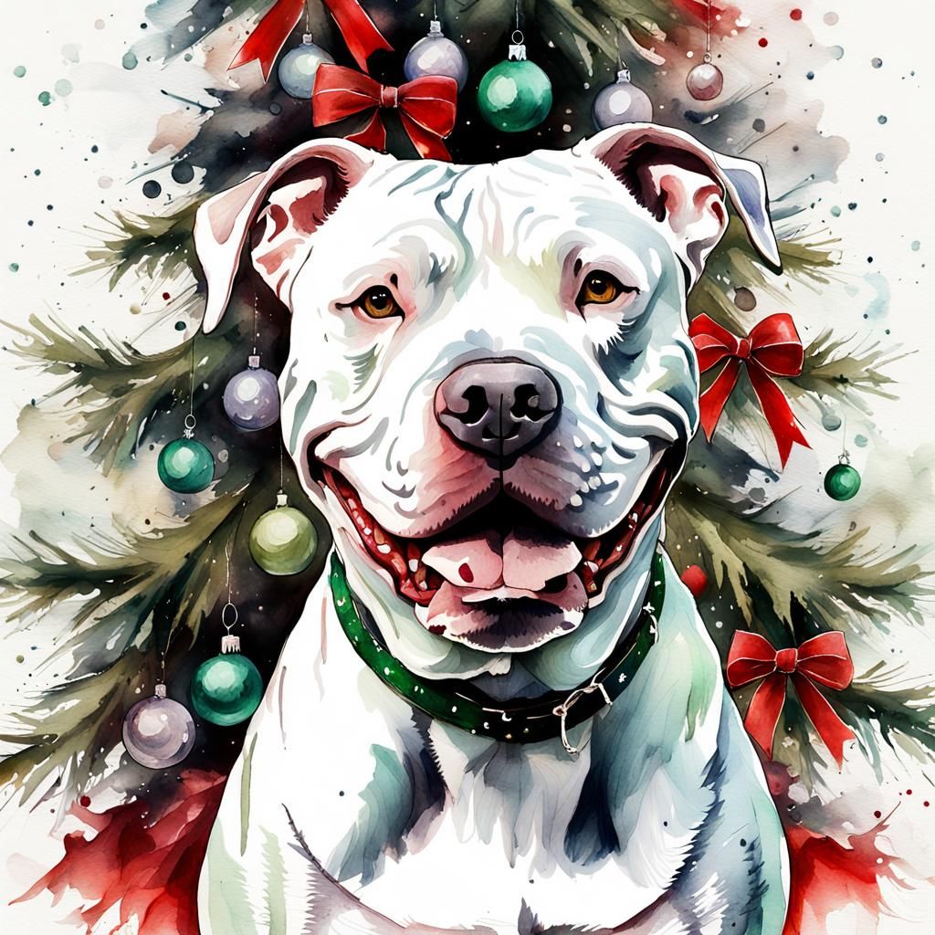 Christmas Pitbull in Digital Watercolor Style