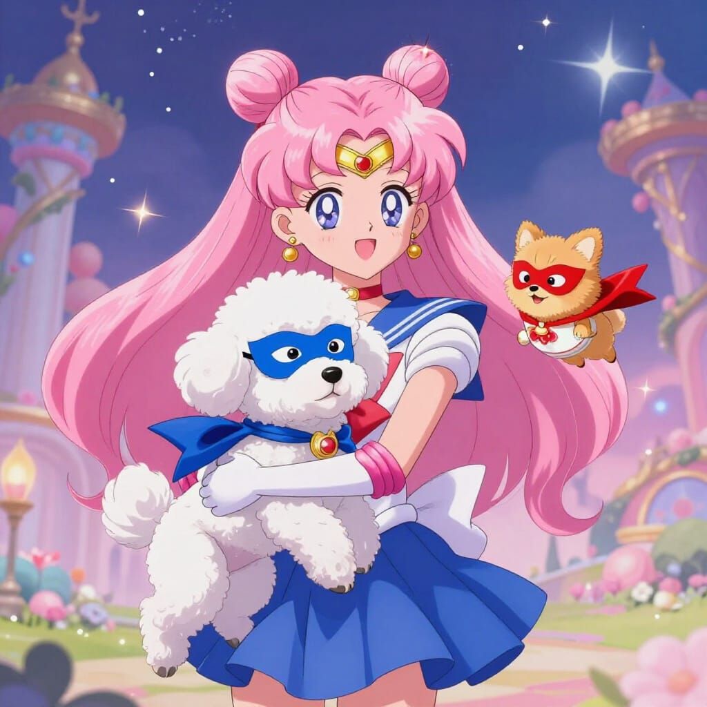 Anime Girl With Poodles in a Fantasy Kingdom