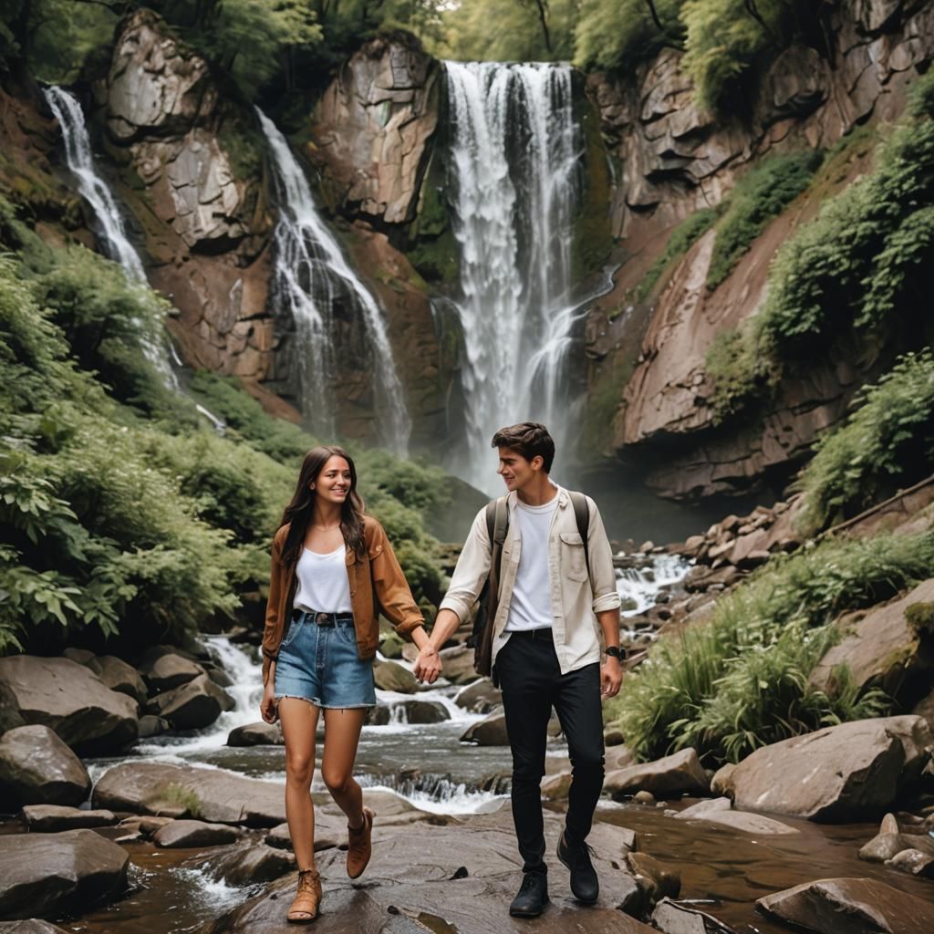 Teenage Couple Walking Near Waterfall
