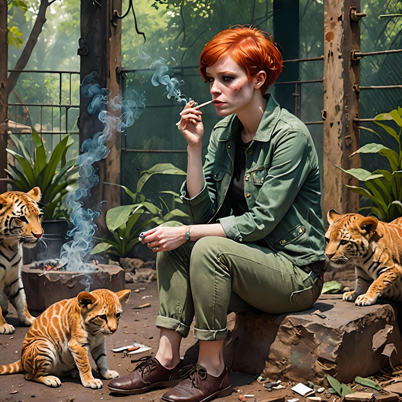 Redhead Girl Smoking at the Zoo: Mixed Media Horror