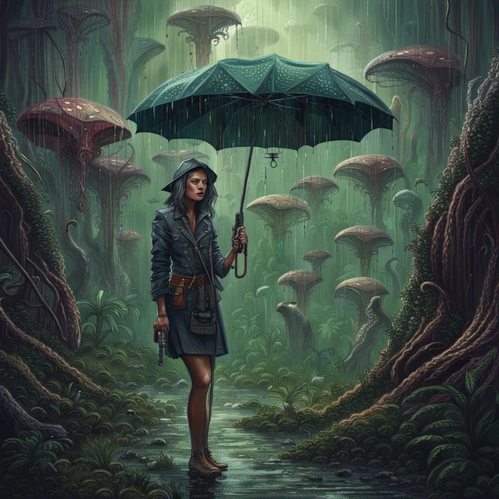 Woman with Gun in Rainy Alien Forest