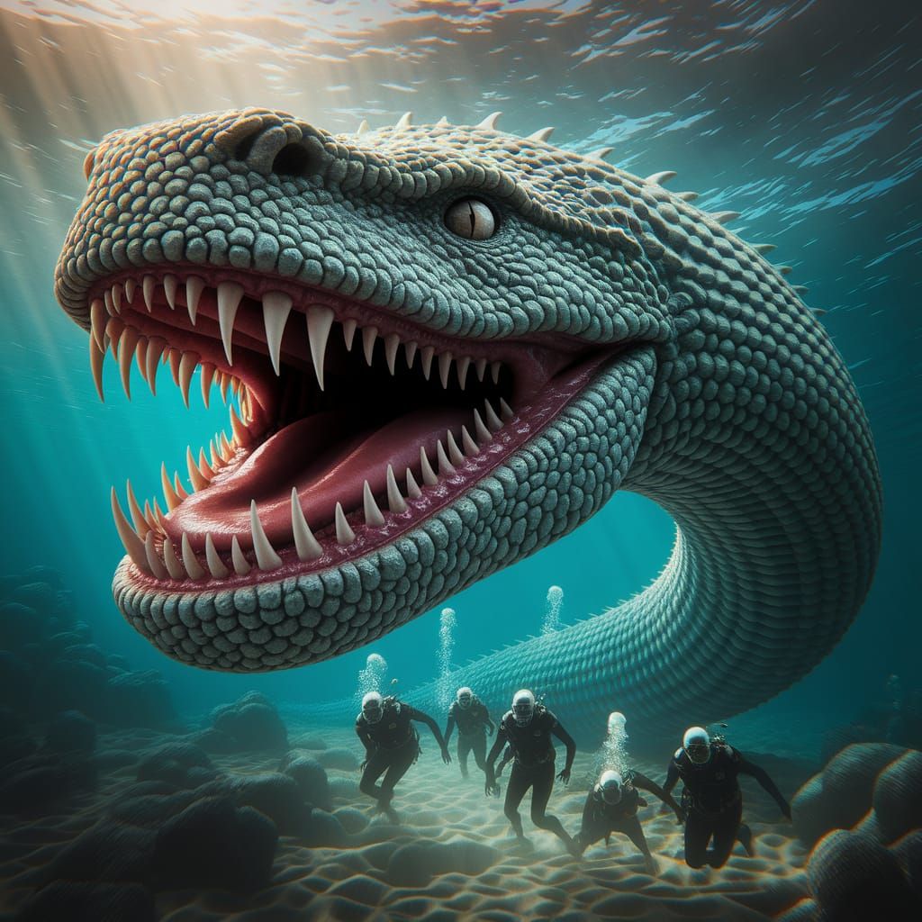 Giant Snake Chases Divers in Flickering Underwater Chaos