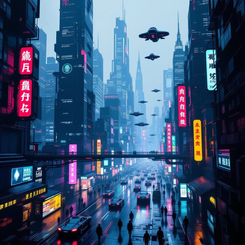Dystopian Cyberpunk Cityscape with Neon Skyscrapers
