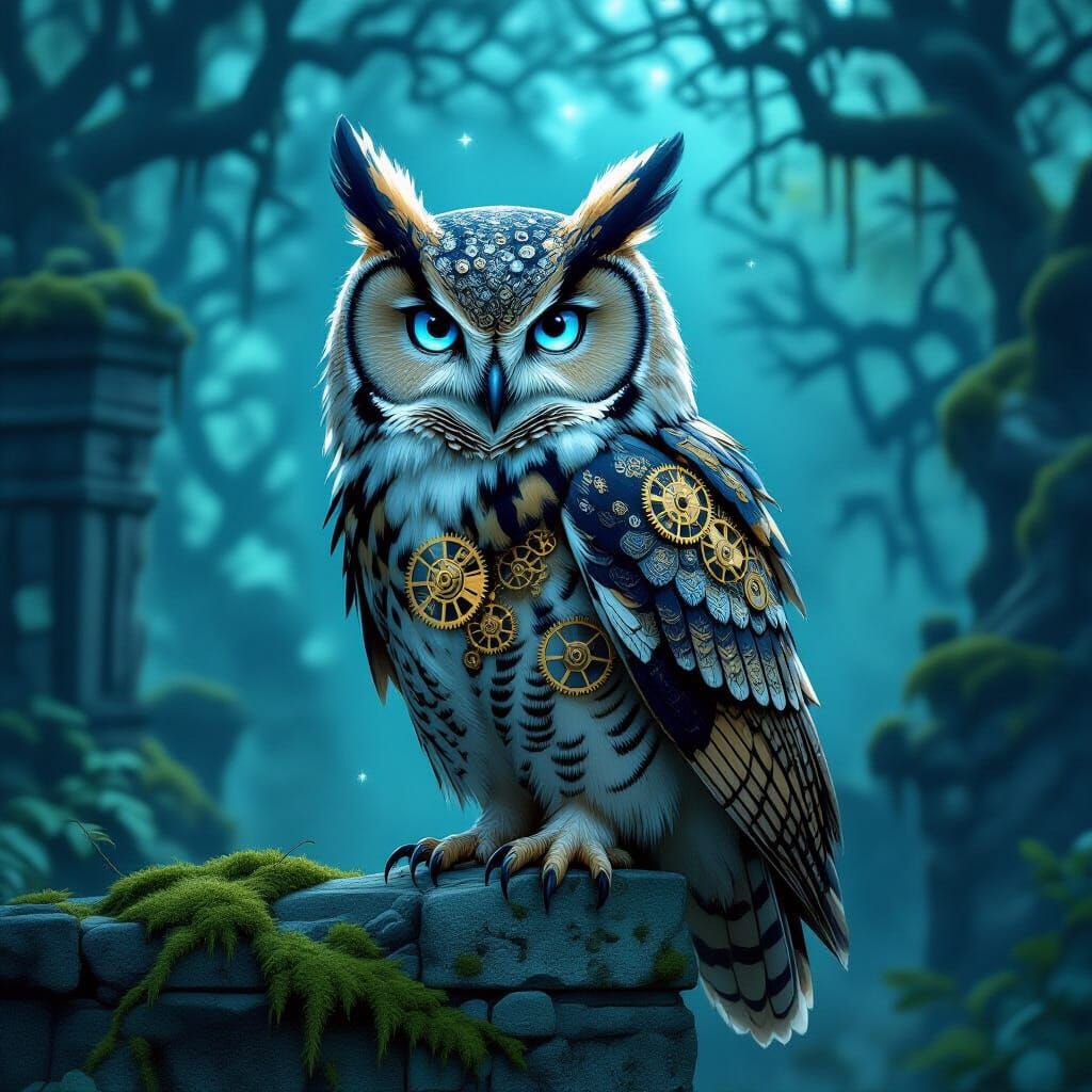 Steampunk Owl on Ancient Ruins with Glowing Eyes