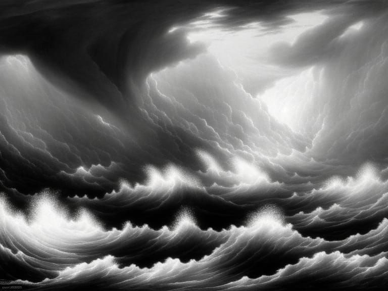 Chaotic Ship Tempest Illustration in Pen and Ink