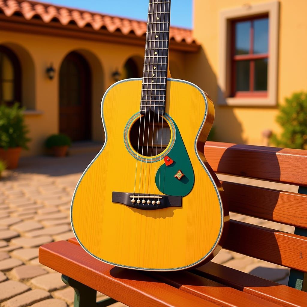 Vibrant Cartoon Guitar on Rustic Bench