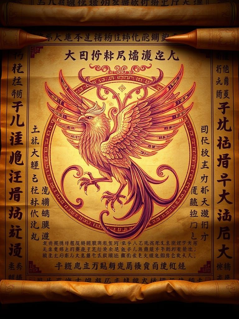 Ancient Scroll Phoenix in Golden Hieroglyphic Splendor
