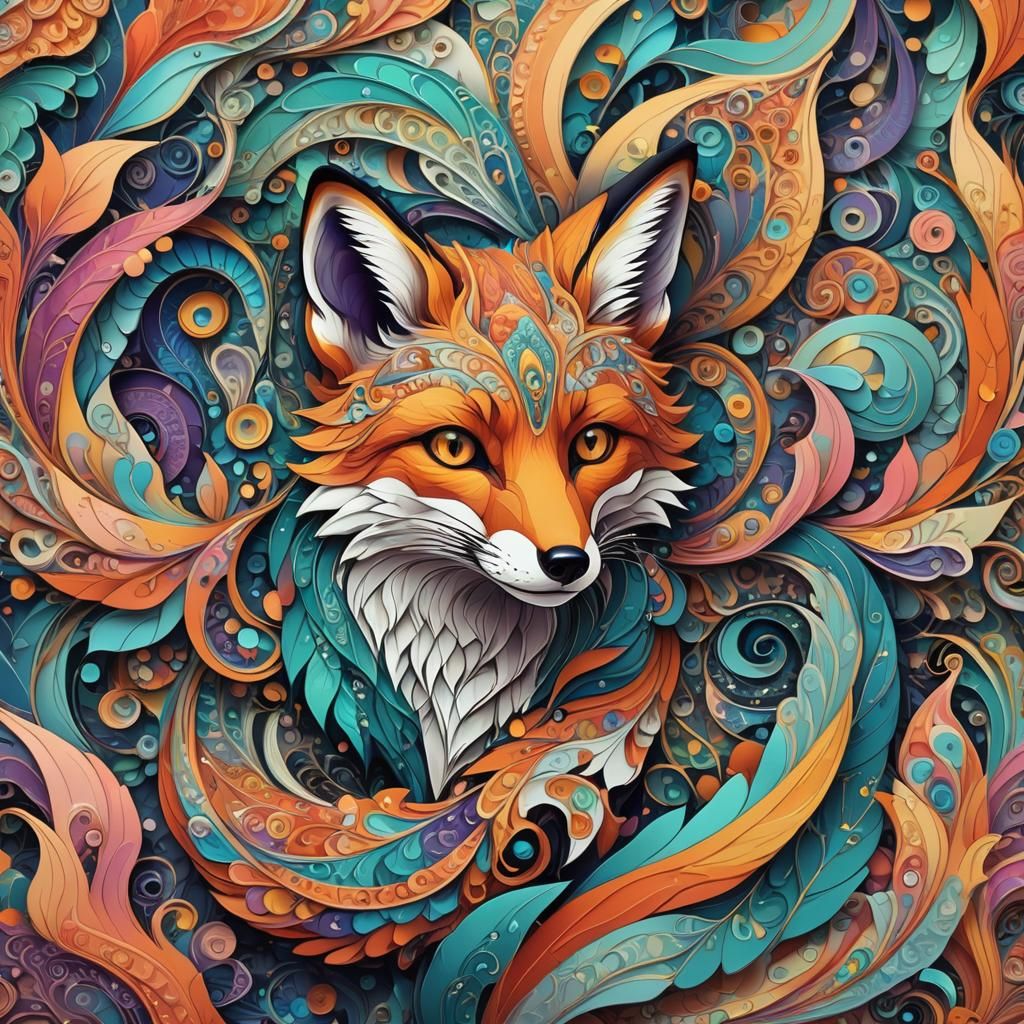 Fox Surrounded by Swirling Iridescent Patterns