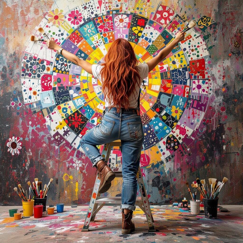 Painter Balances on Ladder in Colorful Studio