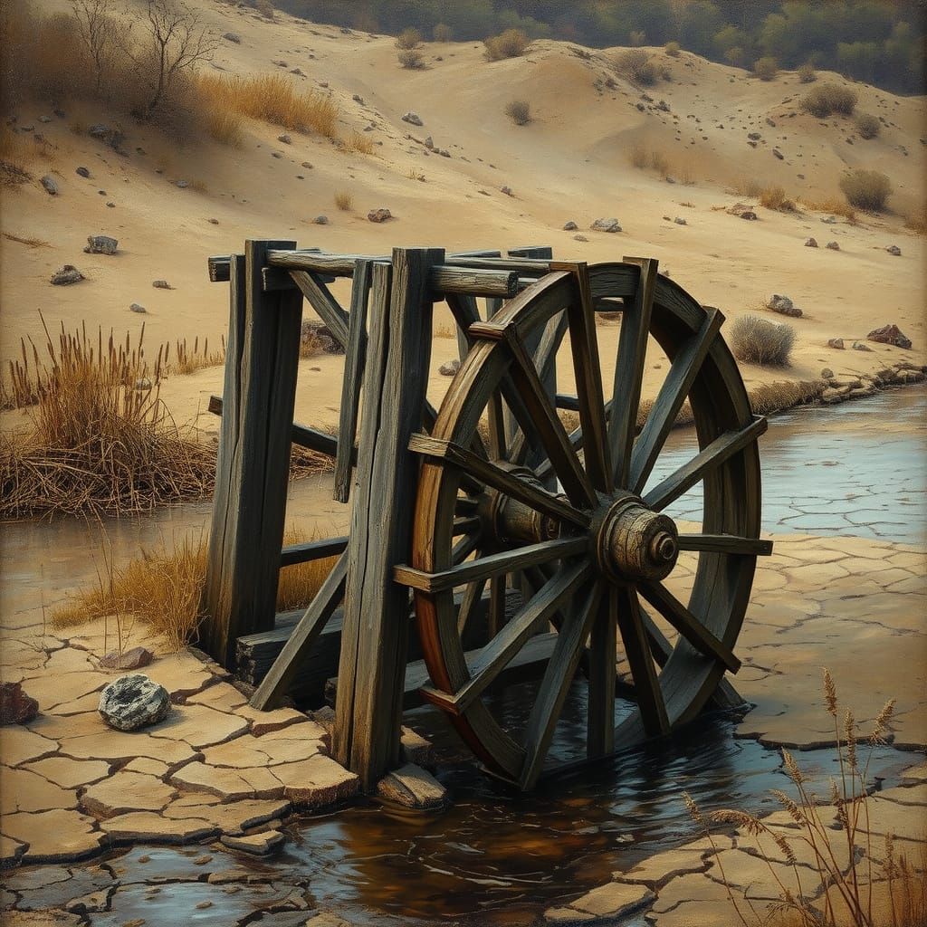Weathered Water Wheel in a Barren Riverbed Landscape