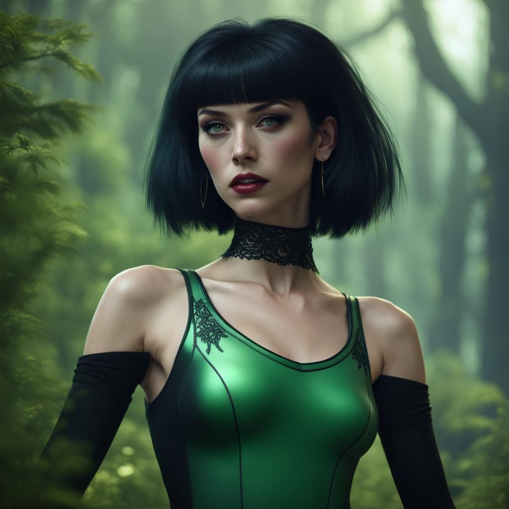 1980s Goth in Green Leotard: Detailed Matte Painting
