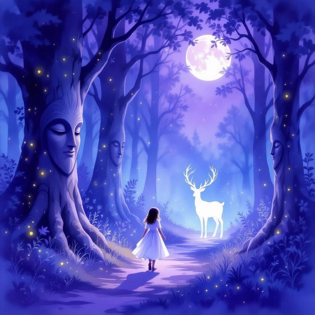 Magical Forest Path with Girl and Spectral Deer