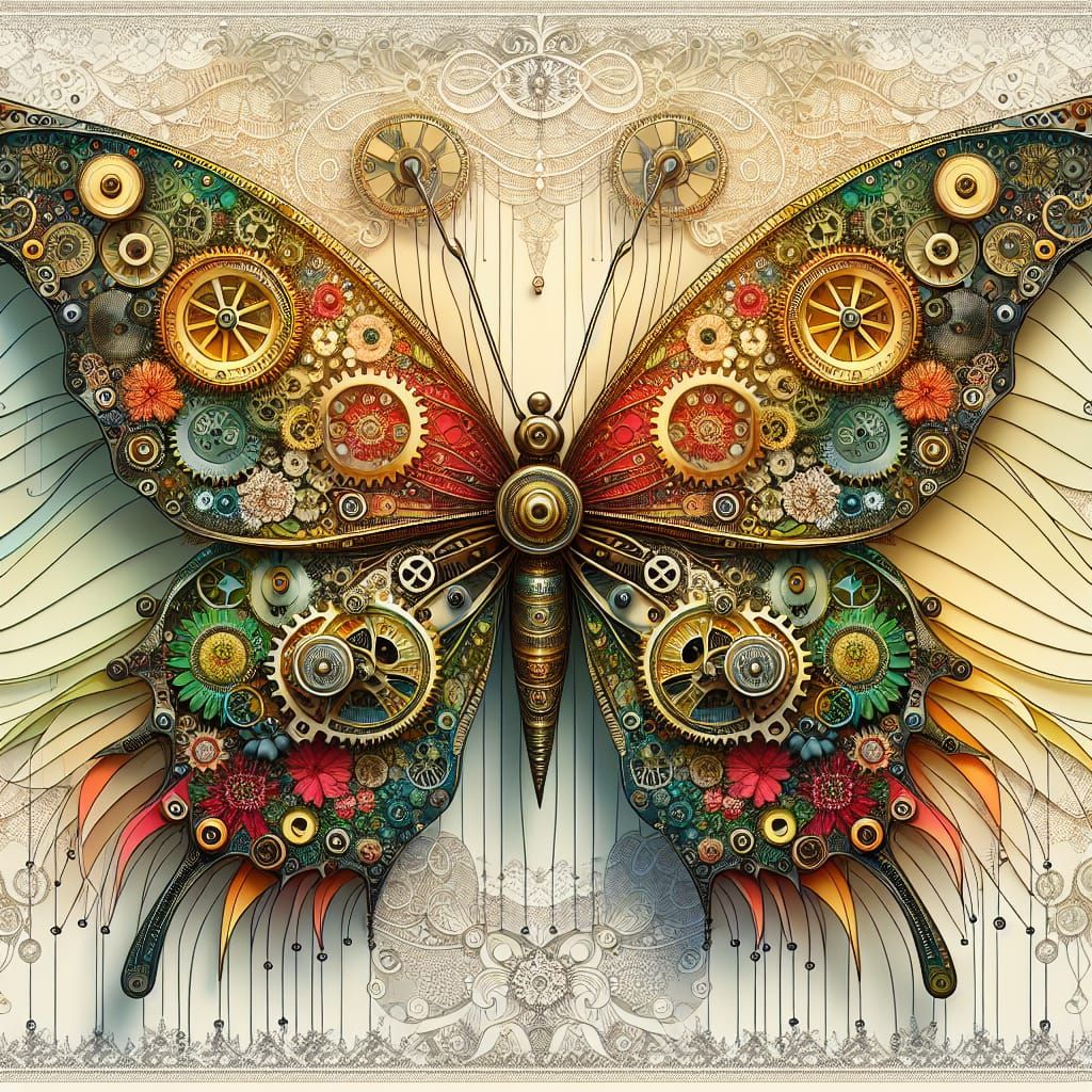 Steampunk Butterfly with Folk Art and Kinetic Elements