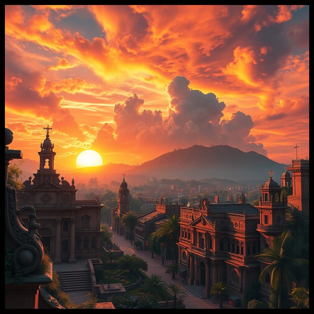 Vibrant Futuristic Mexico Cityscape at Sunset