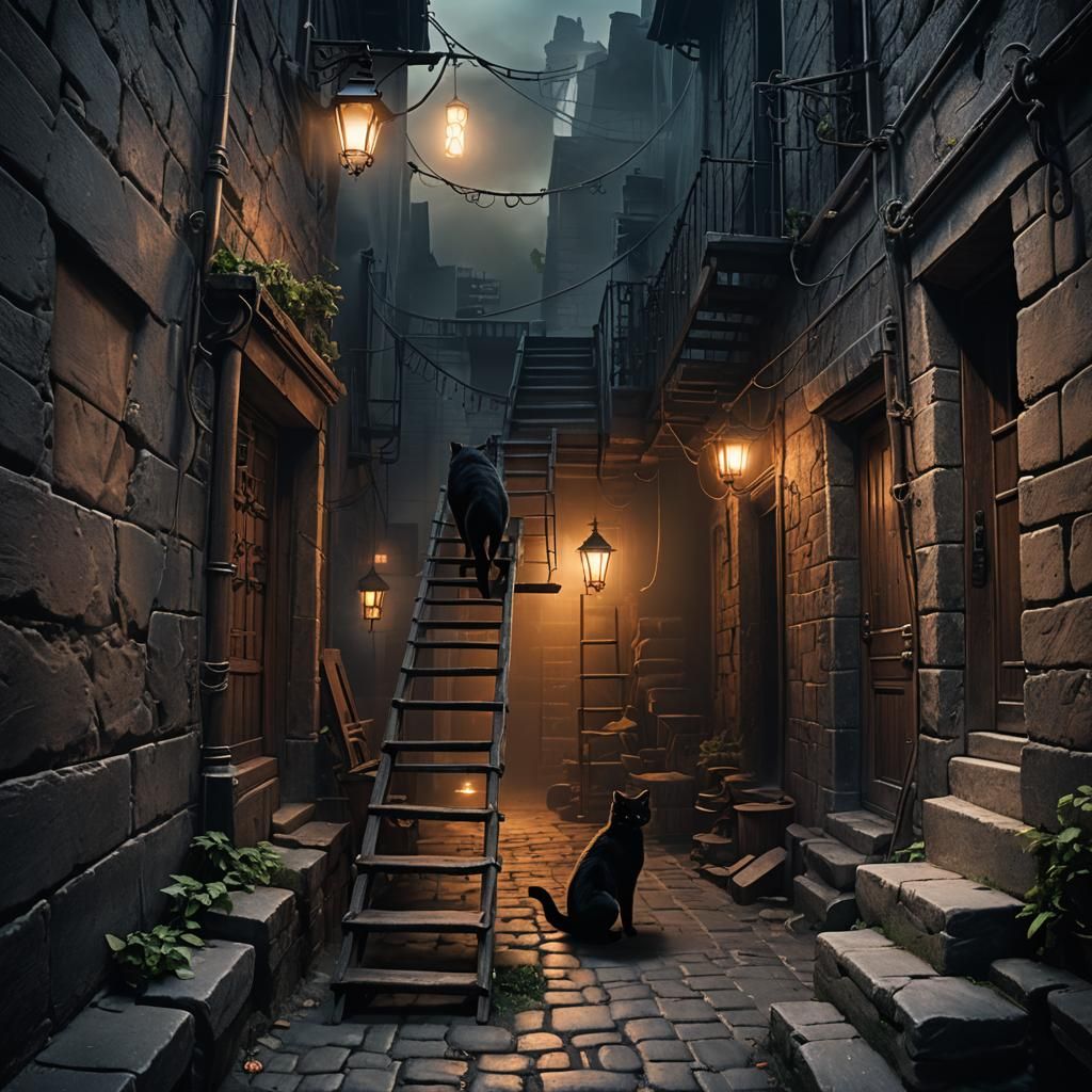Mystical Alley Cat in Dark Fantasy Matte Painting