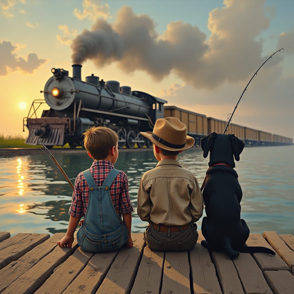 Boys Fishing by Train: Hyperrealistic Americana Scene
