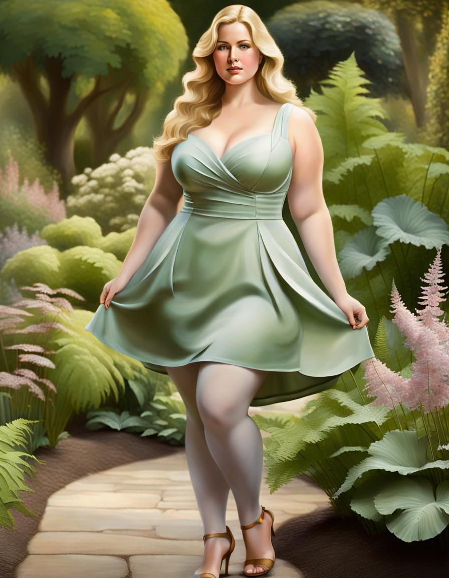 Voluptuous Woman in Garden, Oil Painting Style