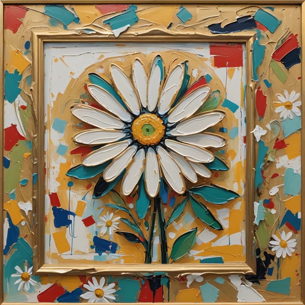 Abstract Expressionist Daisy in a Golden Frame
