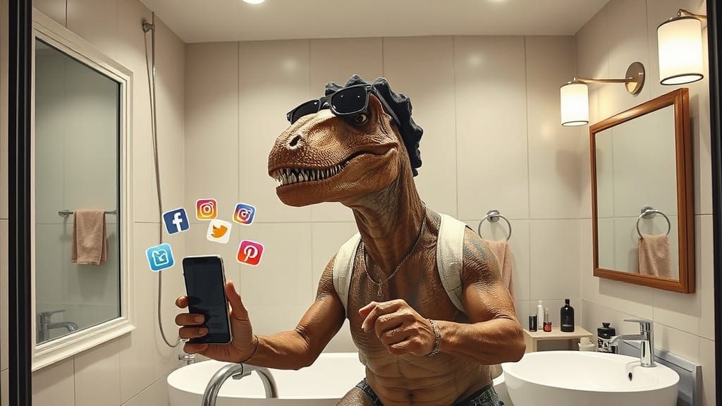 Trendy Velociraptor Mirror Selfie in Hyperrealism Style