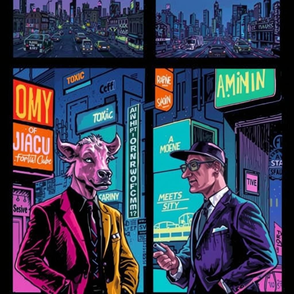 Anthropomorphic Cows in a Neon 1980s Urban Scene
