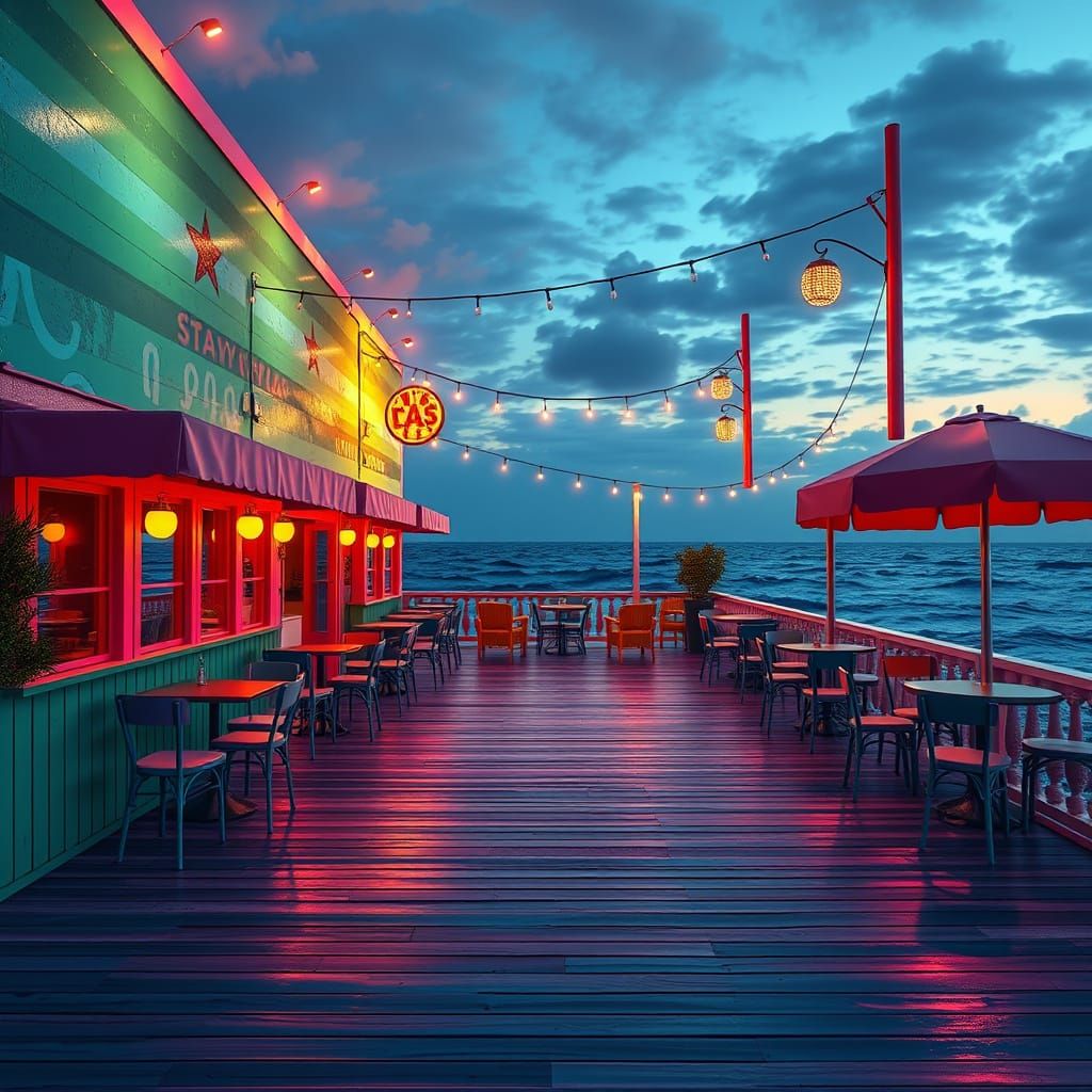 Whimsical Waterfront Cafe with Vibrant Light Installations