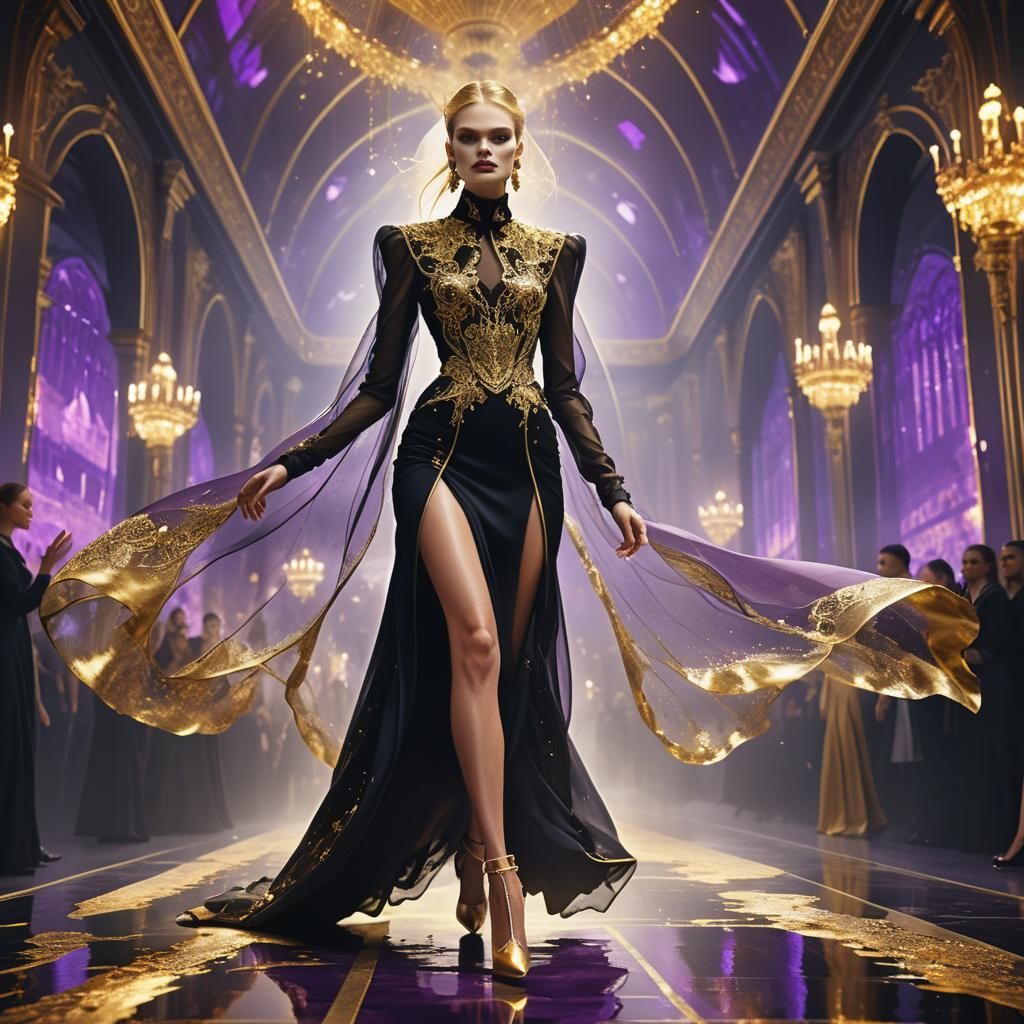 Supermodel on Catwalk with Golden Accents in Fantasy Art