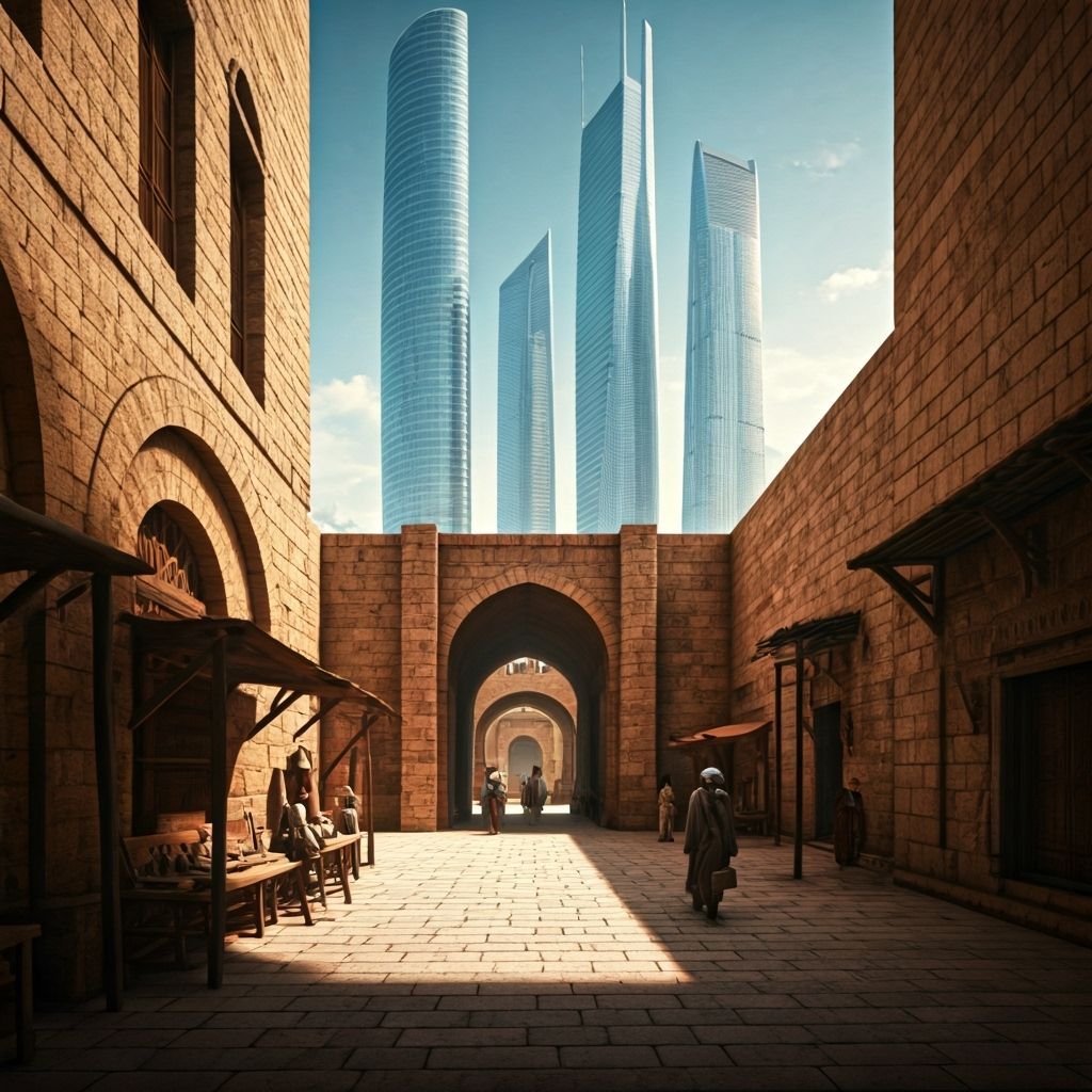 Ancient Marketplace Meets Futuristic Skyscrapers