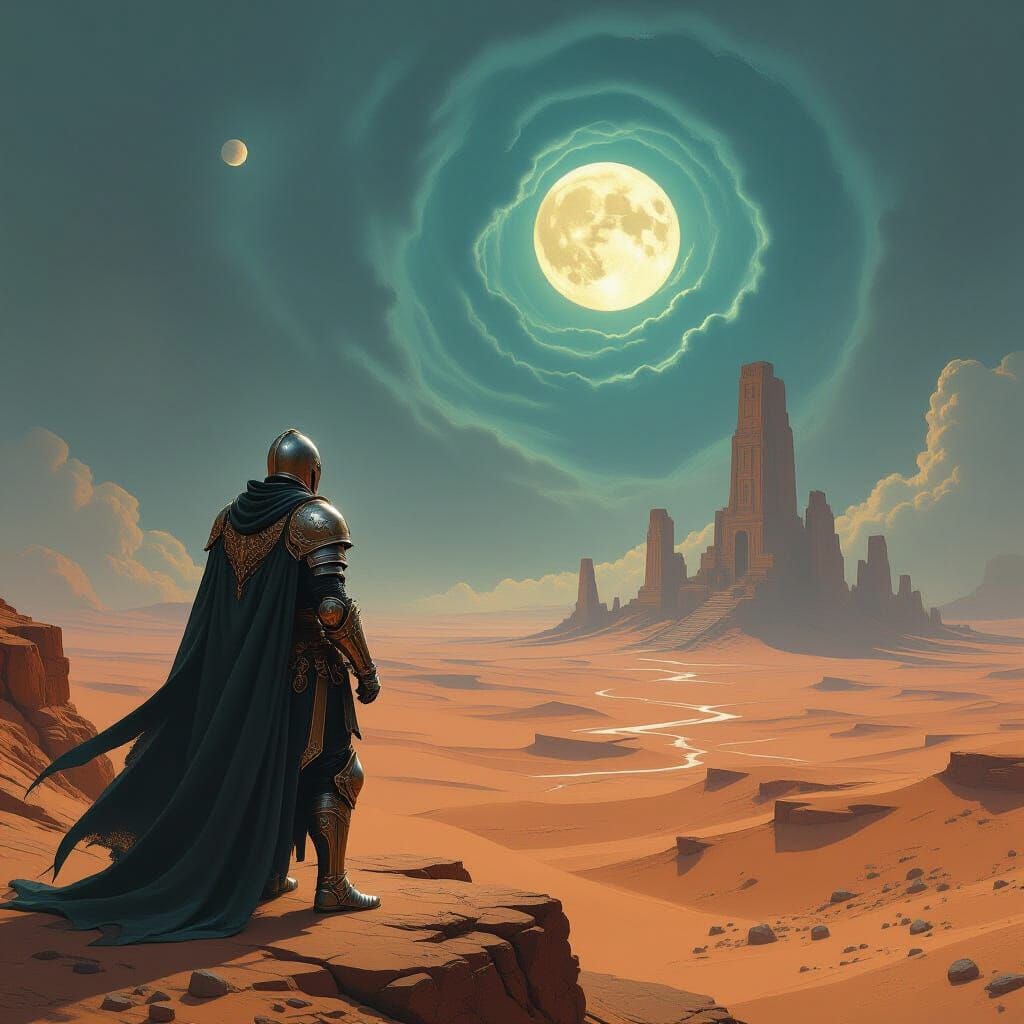 Knight on Alien Cliff Overlooking Ancient Ruins