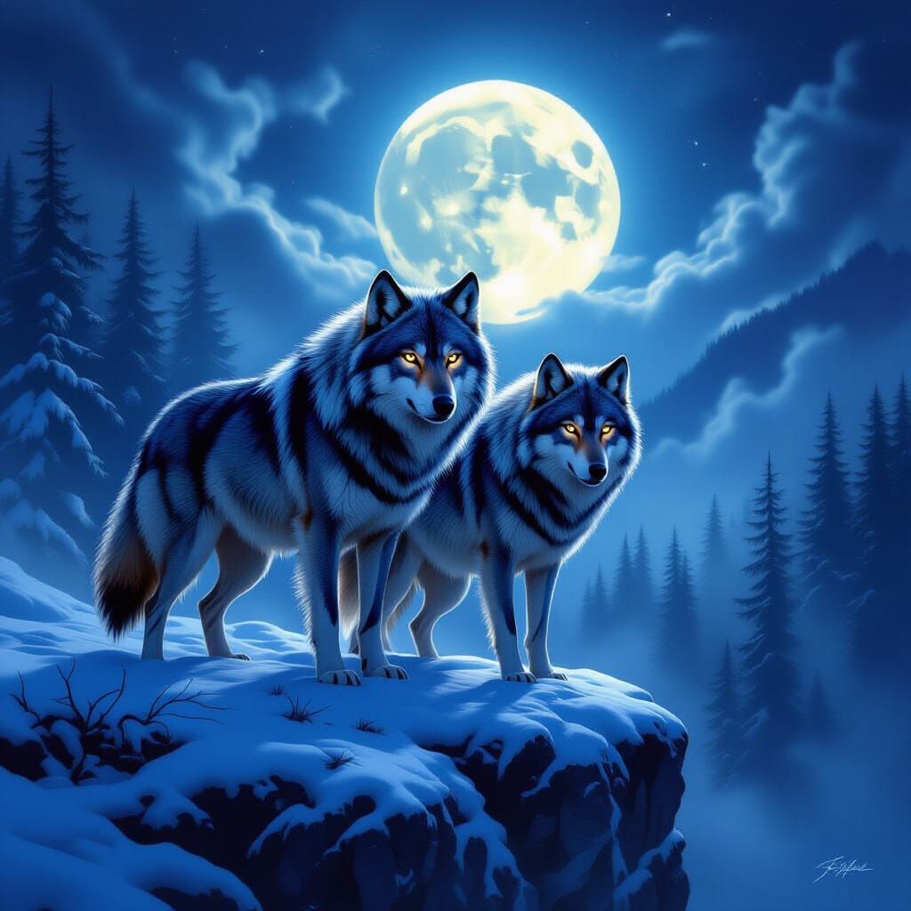 Majestic Wolves on Snowy Cliff Under Full Moon