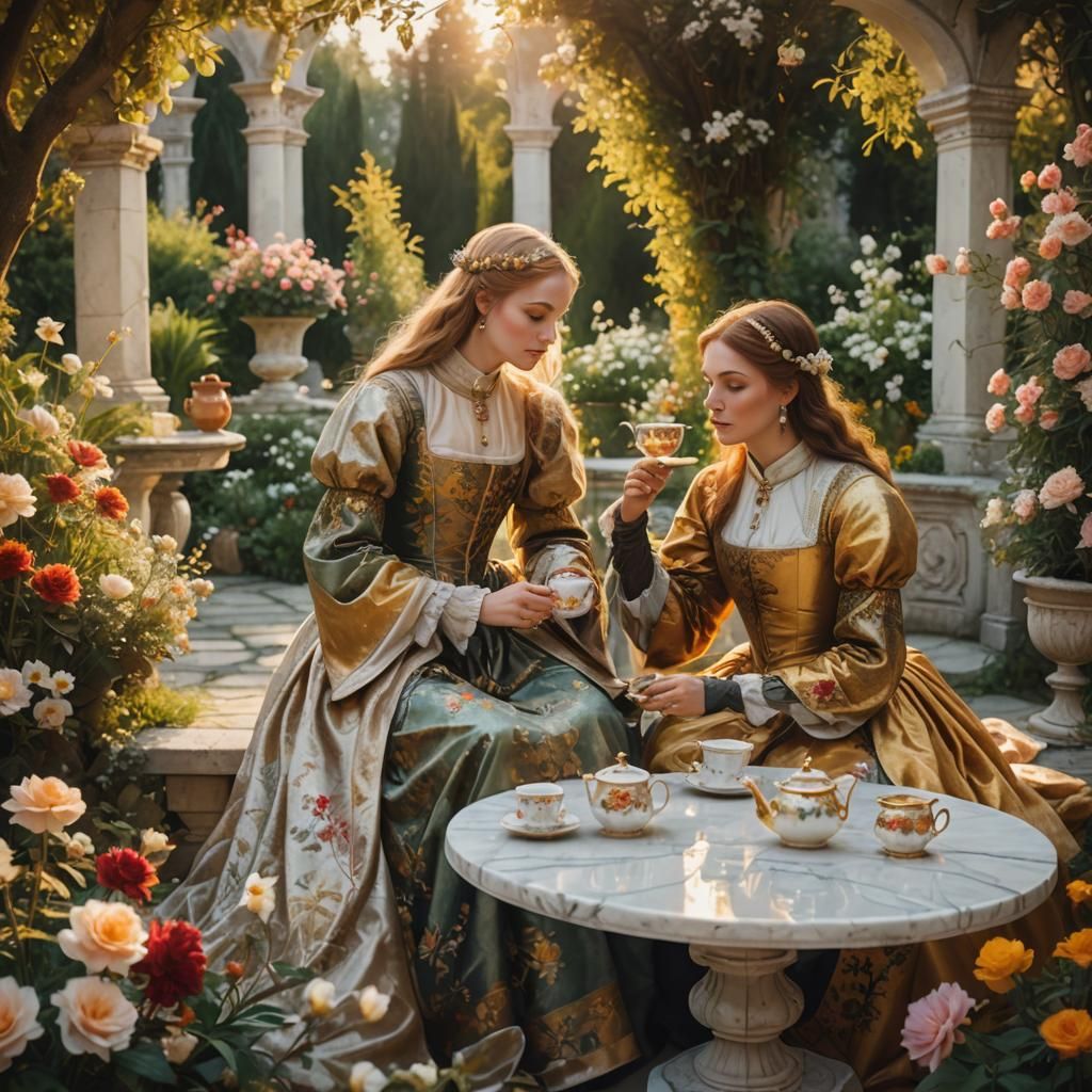 Medieval Ladies' Twilight Tea Party: Romantic Oil Painting