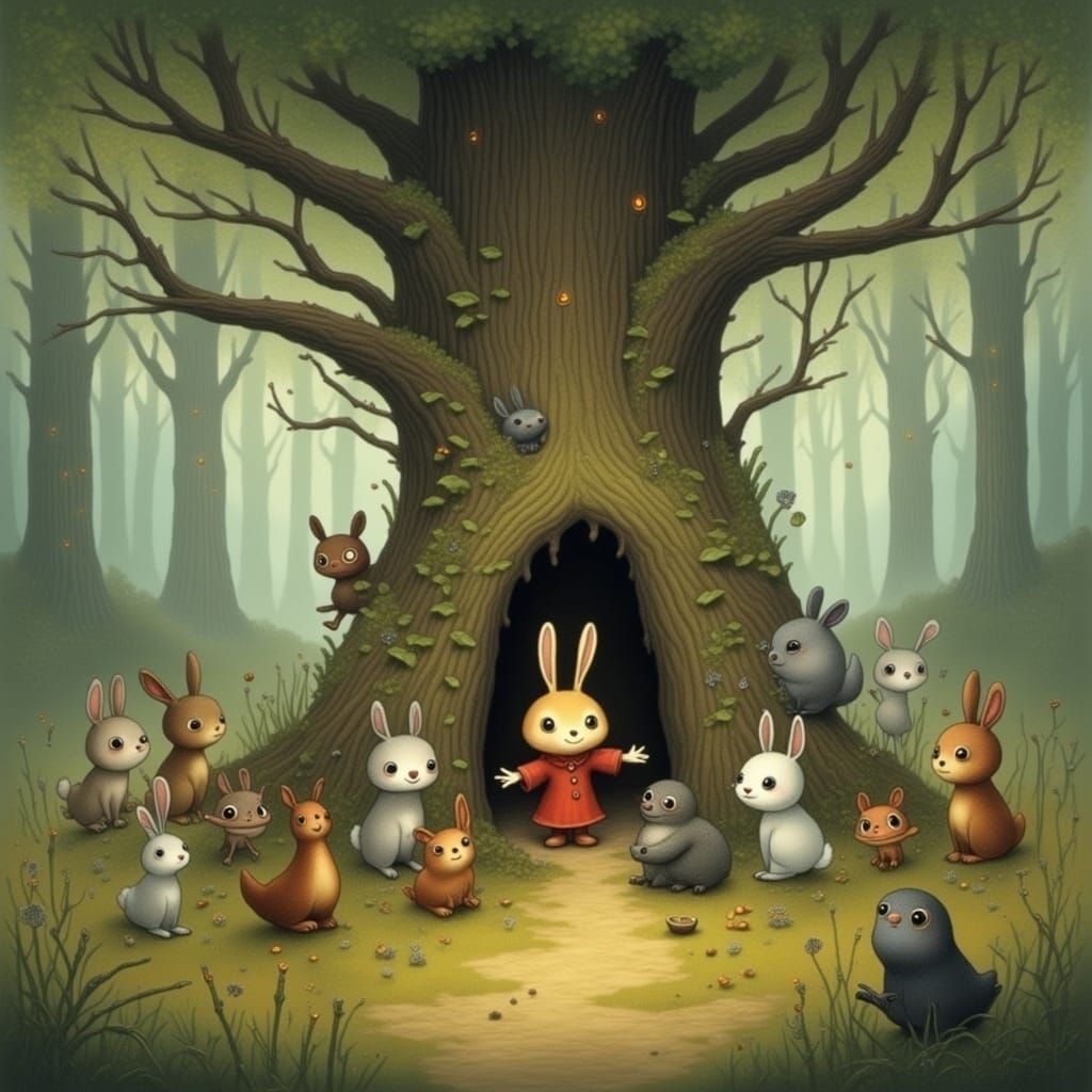 Whimsical Forest Gathering: Cute Animals Surround the Rabbit...