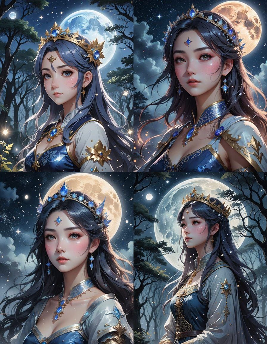 Mystical Princess Under Full Moon in Watercolor Splash Art