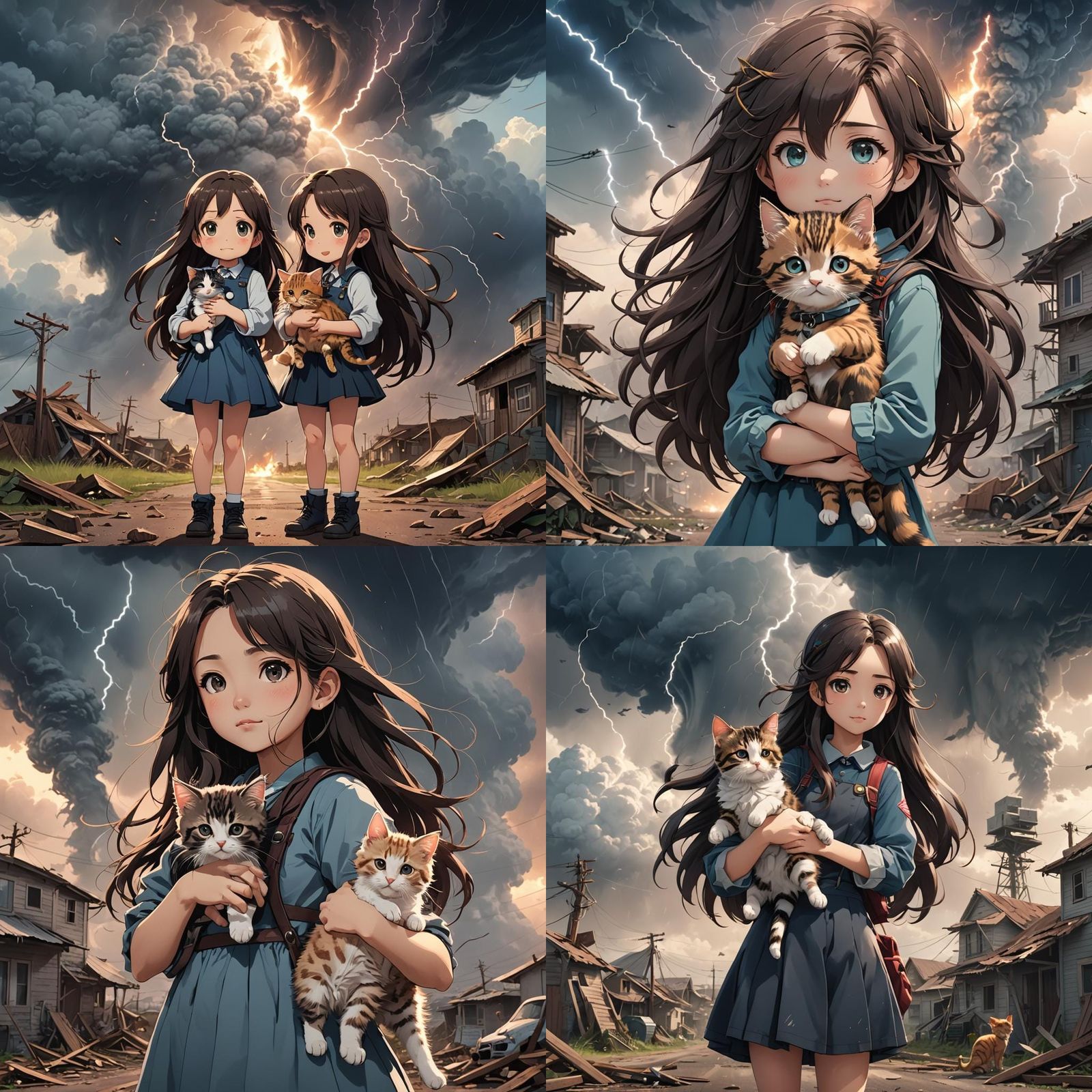 Girl with Kitten and Tornado in Anime Style