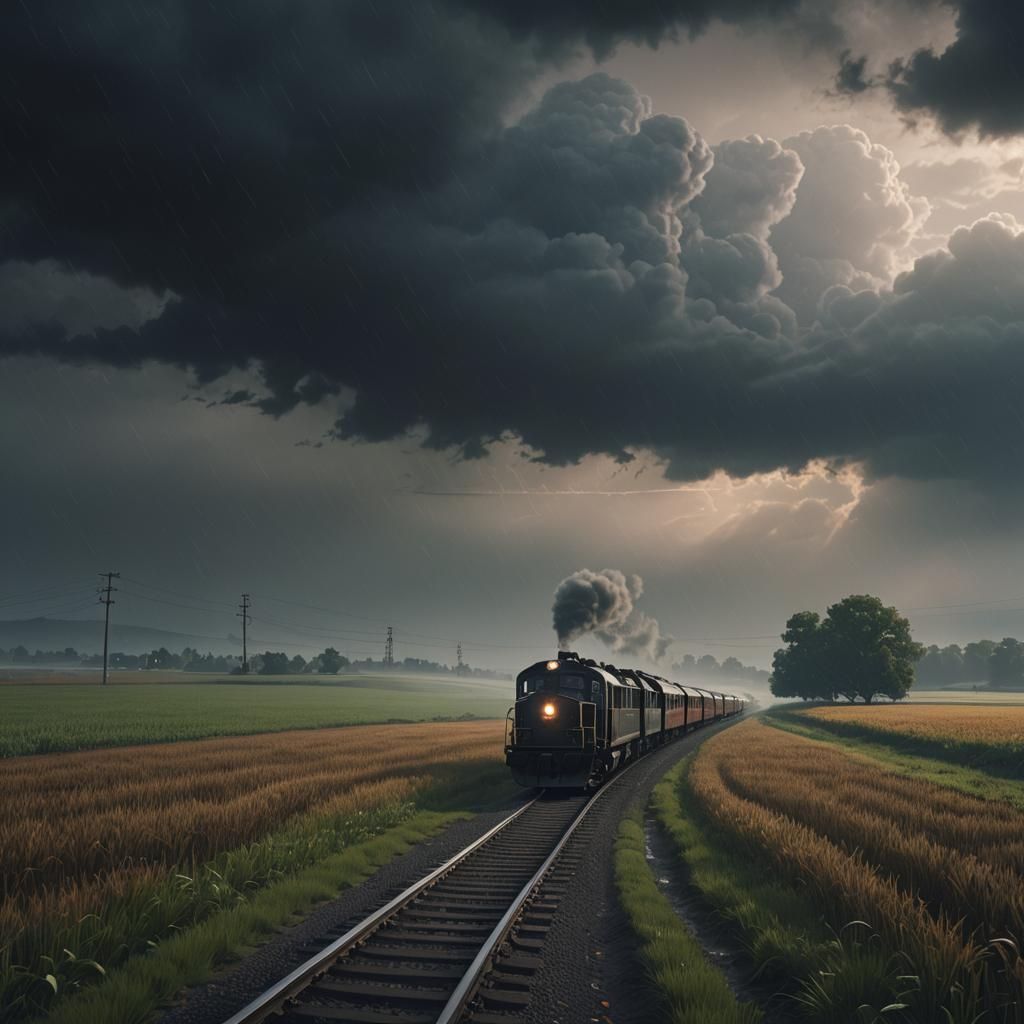 Lonely Train Through Gloomy Fields: Pixar-Style 3D Render