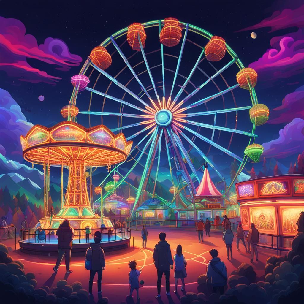 Neon Theme Park at Night Under Northern Lights