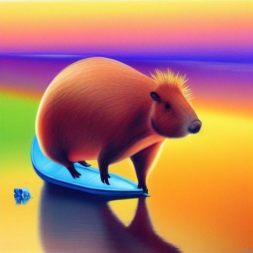Capybara Rides a Rainbow: Oil Painting