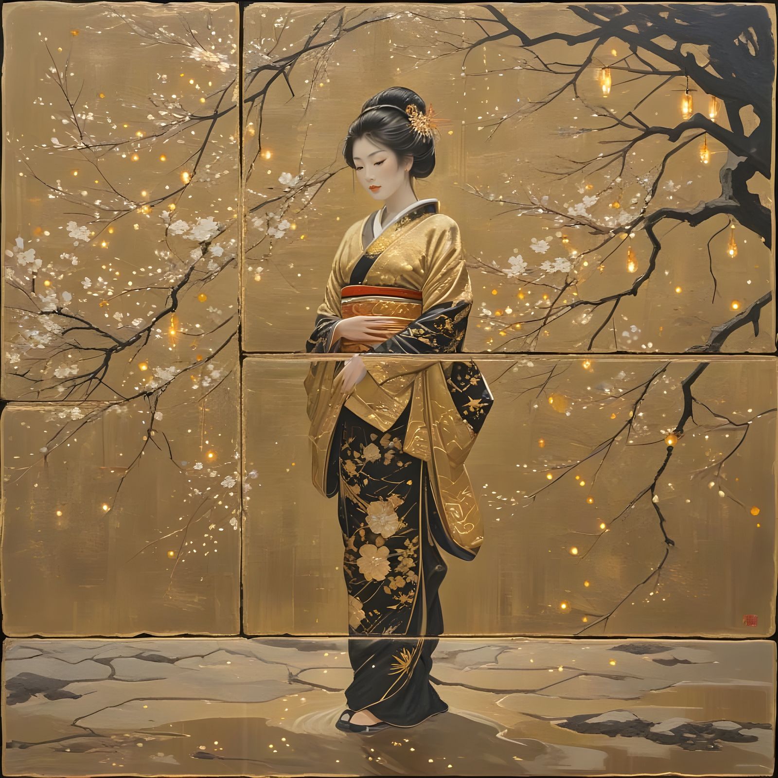 Elegant Geisha in Moonlit Garden Oil Painting